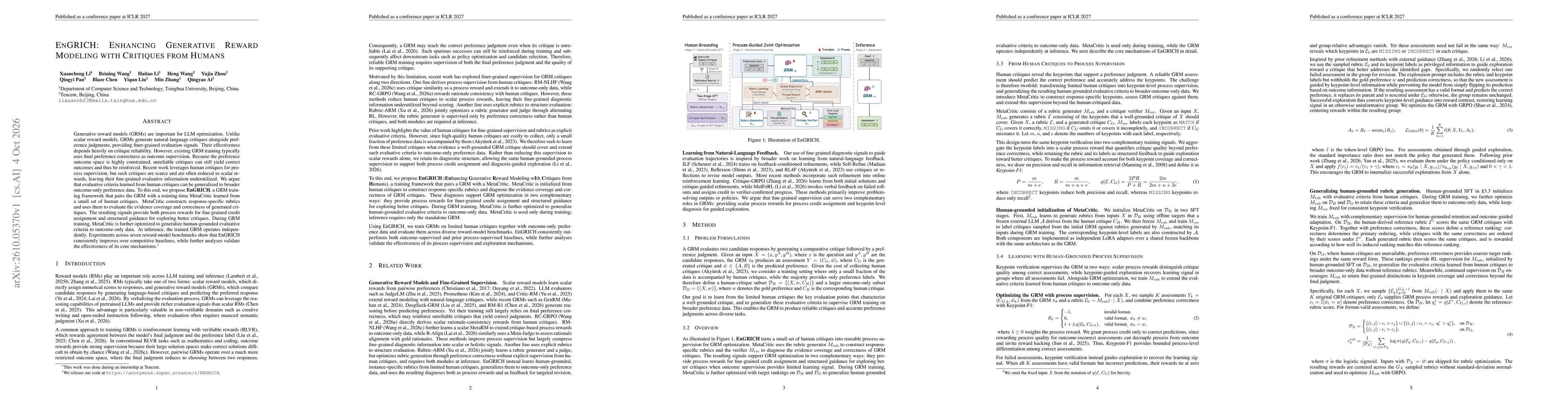 Thumbnail for EnGRICH: Enhancing Generative Reward Modeling with Critiques from Humans