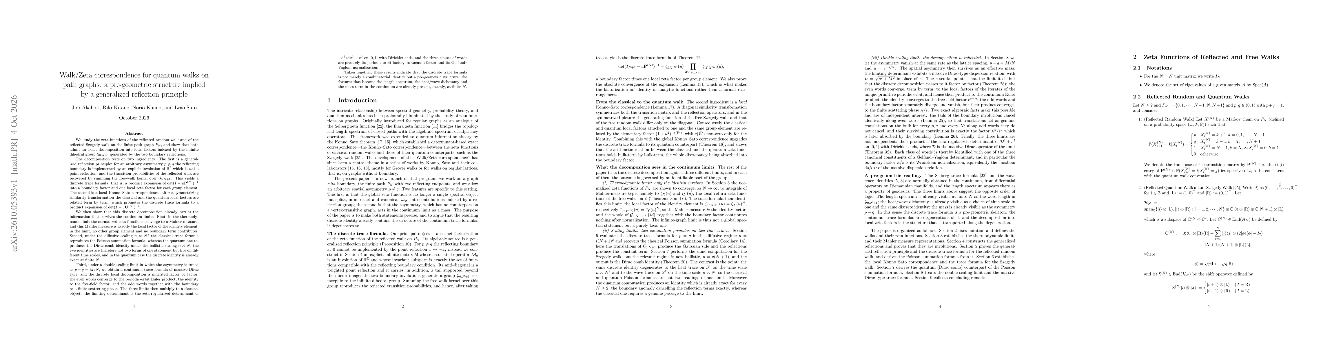 Thumbnail for Walk/Zeta correspondence for quantum walks on path graphs: a pre-geometric structure implied by a generalized reflection principle