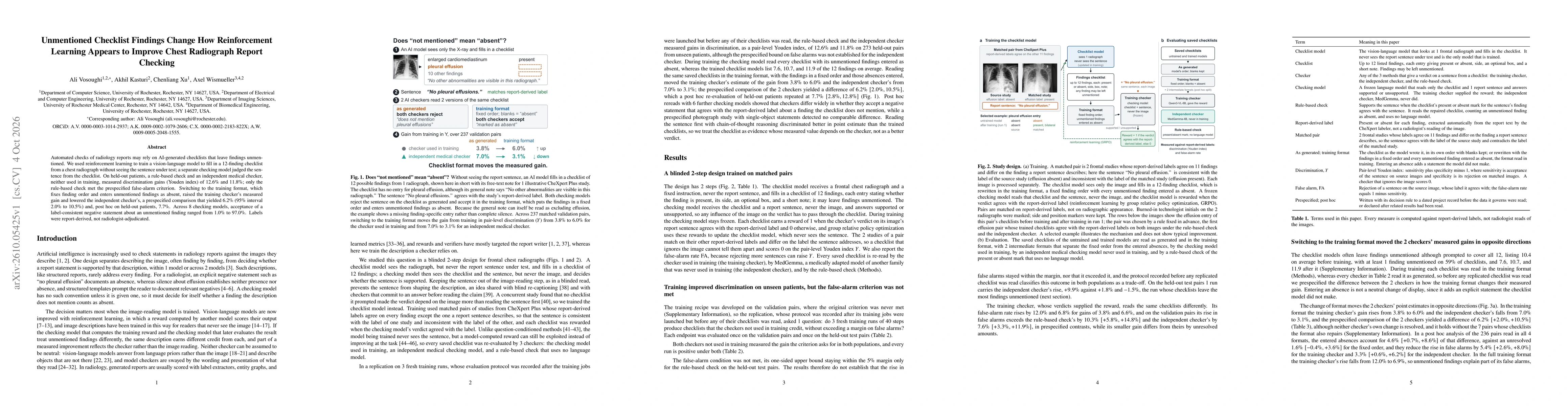 Thumbnail for Unmentioned Checklist Findings Change How Reinforcement Learning Appears to Improve Chest Radiograph Report Checking