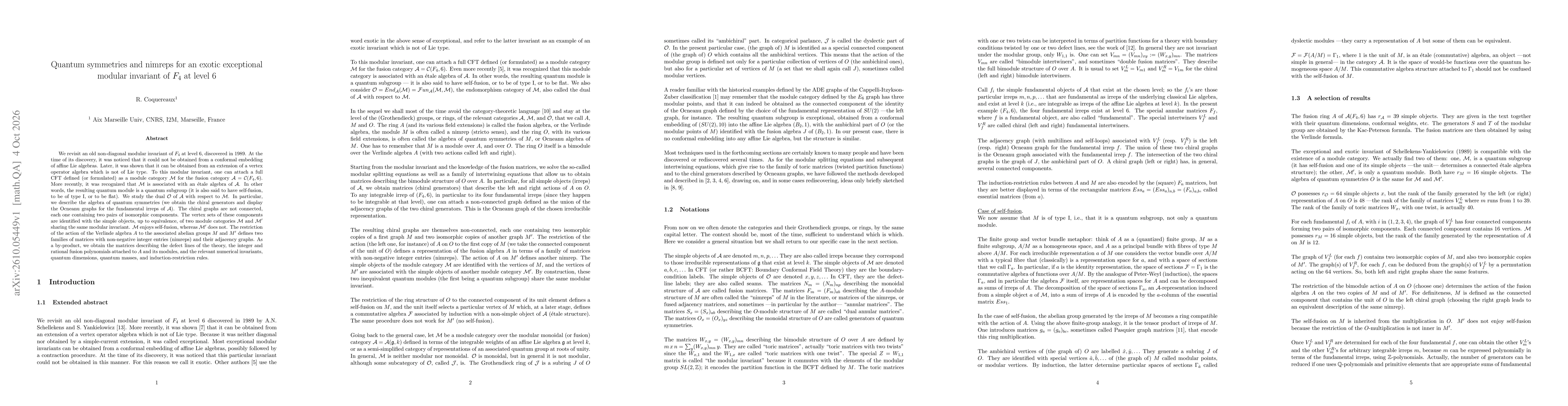 Thumbnail for Quantum symmetries and nimreps for an exotic exceptional modular invariant of F4 at level 6
