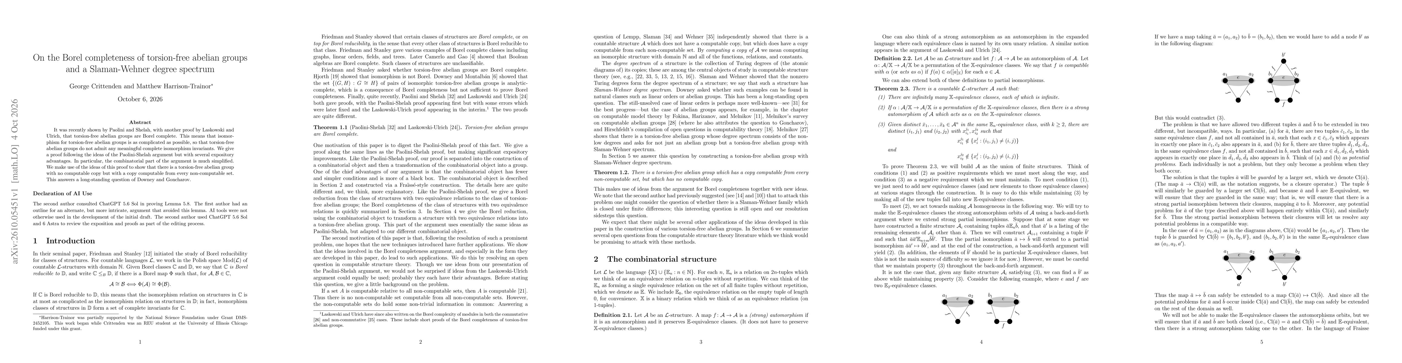 Thumbnail for On the Borel completeness of torsion-free abelian groups and a Slaman-Wehner degree spectrum