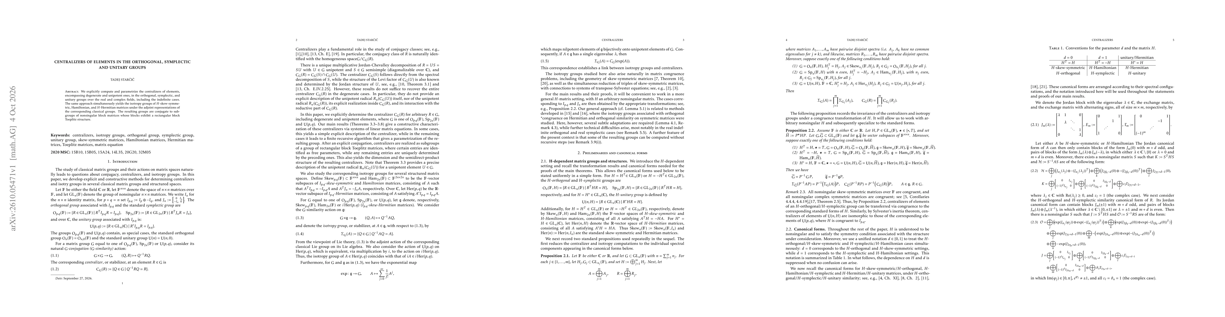 Thumbnail for Centralizers of elements in the orthogonal, symplectic and unitary groups