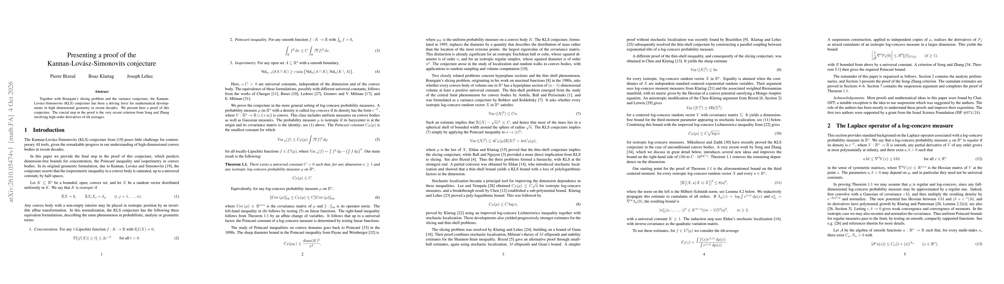 Thumbnail for Presenting a proof of the Kannan-Lovasz-Simonovits conjecture