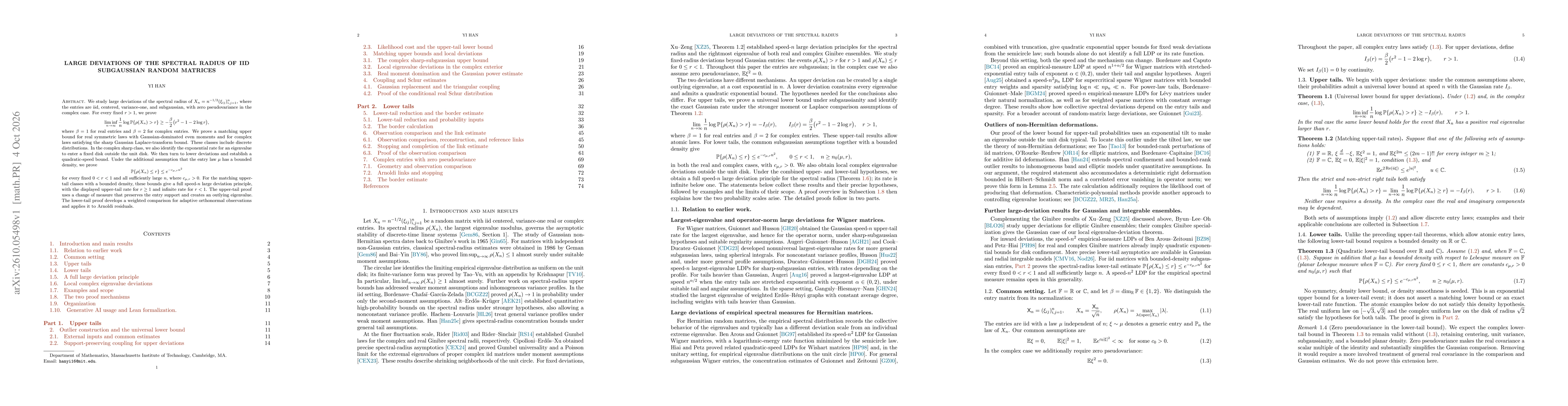 Thumbnail for Large deviations of the spectral radius of iid subgaussian random matrices