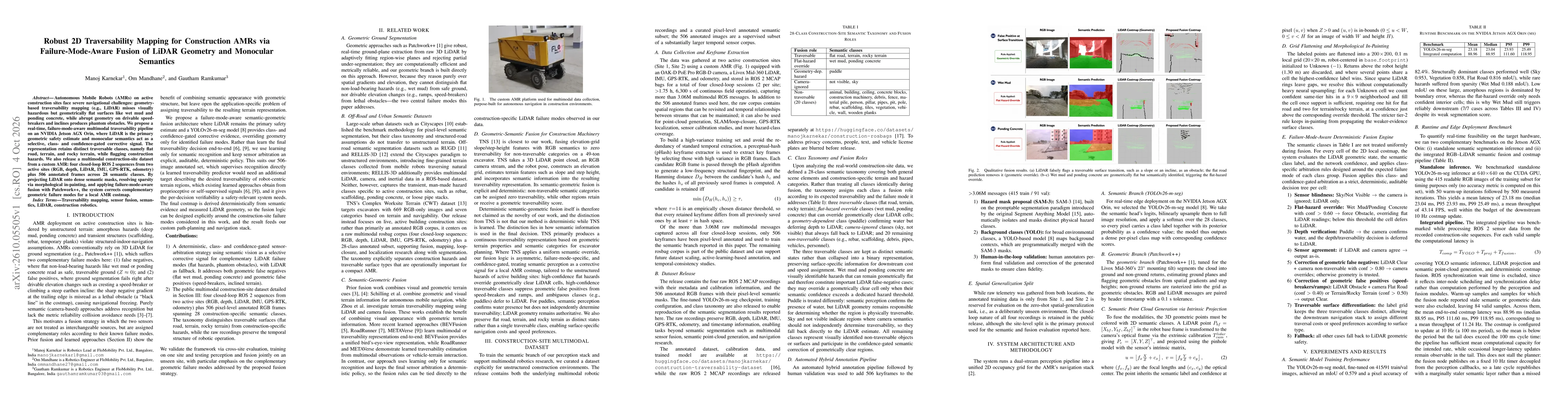 Thumbnail for Robust 2D Traversability Mapping for Construction AMRs via Failure-Mode-Aware Fusion of LiDAR Geometry and Monocular Semantics