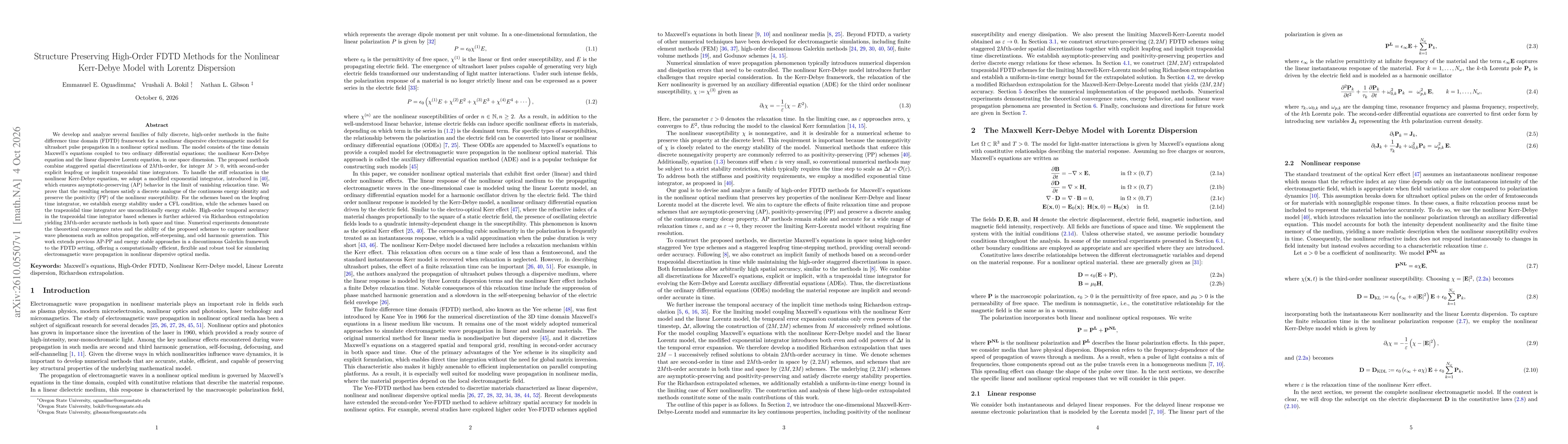 Thumbnail for Structure Preserving High-Order FDTD Methods for the Nonlinear Kerr-Debye Model with Lorentz Dispersion