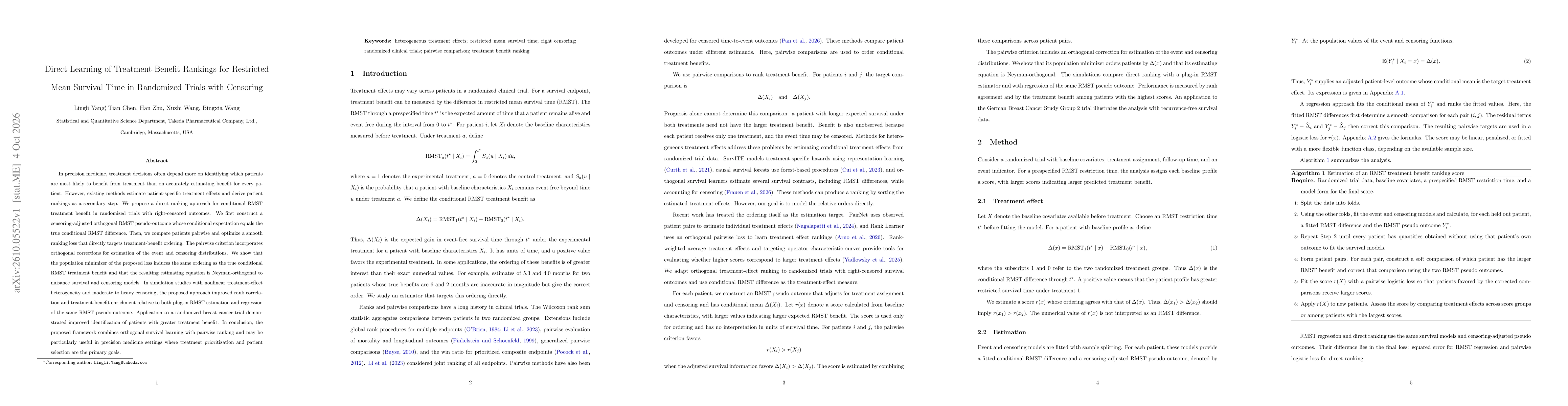 Thumbnail for Direct Learning of Treatment-Benefit Rankings for Restricted Mean Survival Time in Randomized Trials with Censoring