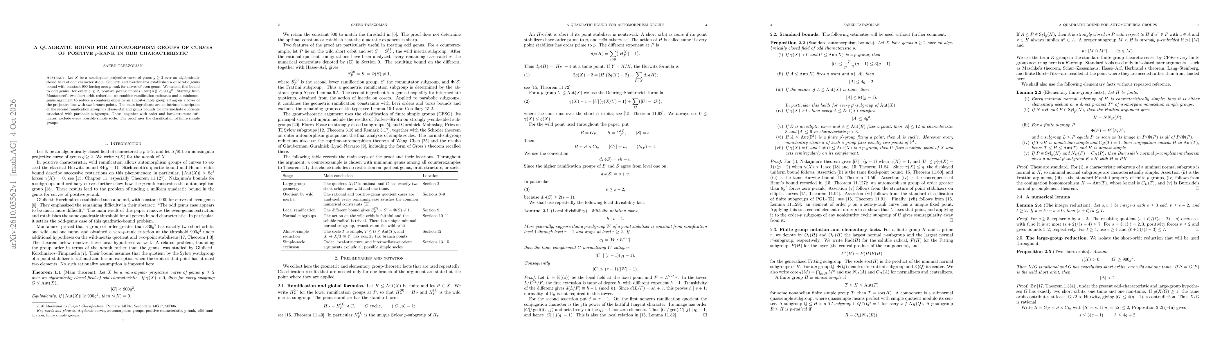 Thumbnail for A Quadratic Bound for Automorphism Groups of Curves of Positive $p$-Rank in Odd Characteristic