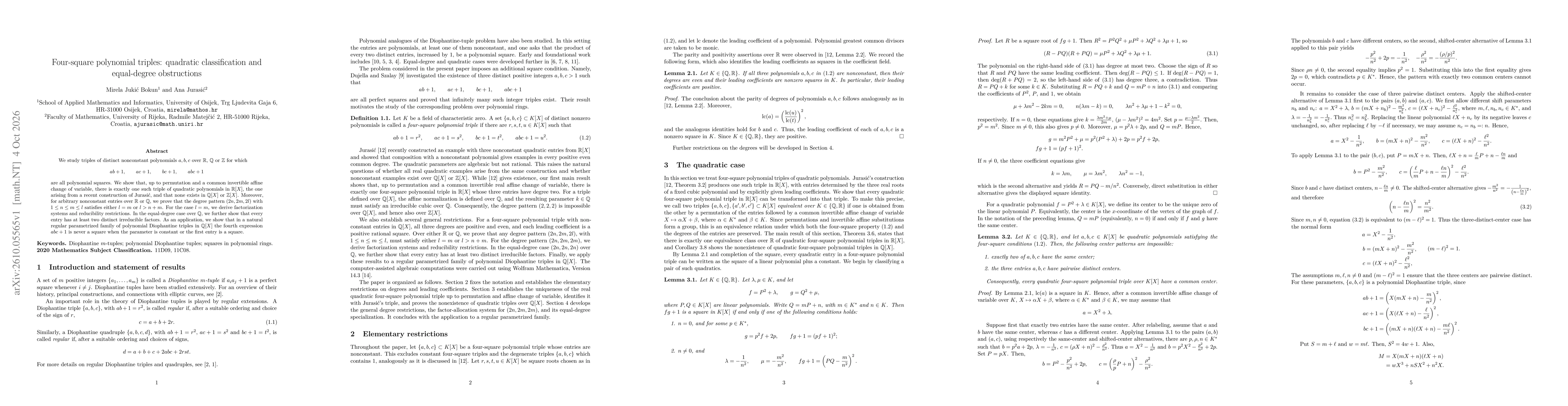Thumbnail for Four-square polynomial triples: quadratic classification and equal-degree obstructions