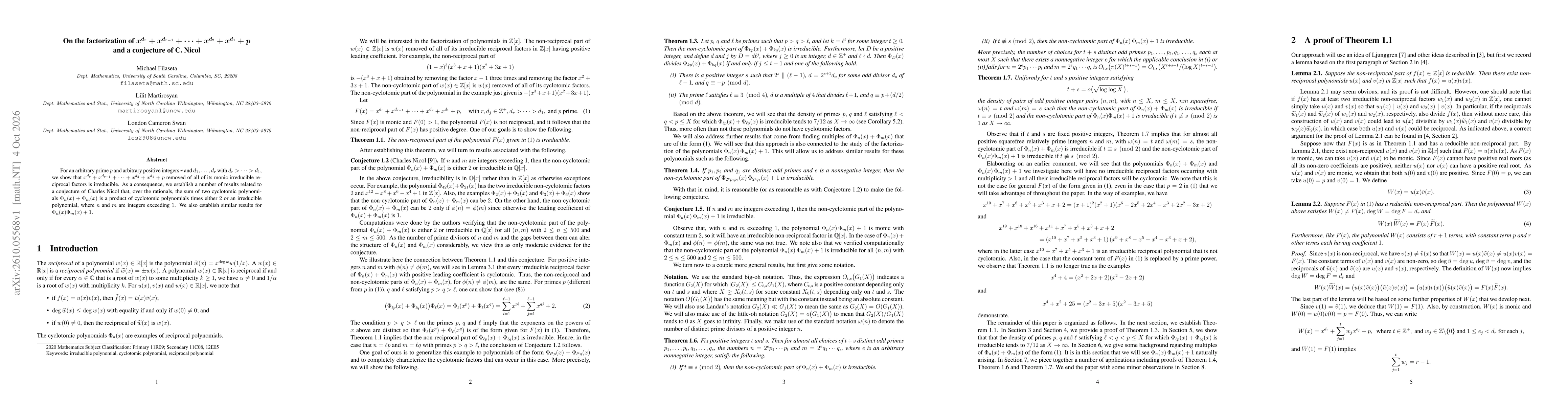 Thumbnail for On the factorization of $x^{d_{r}} + x^{d_{r-1}} + \cdots + x^{d_{2}} + x^{d_{1}} + p$ and a conjecture of C. Nicol
