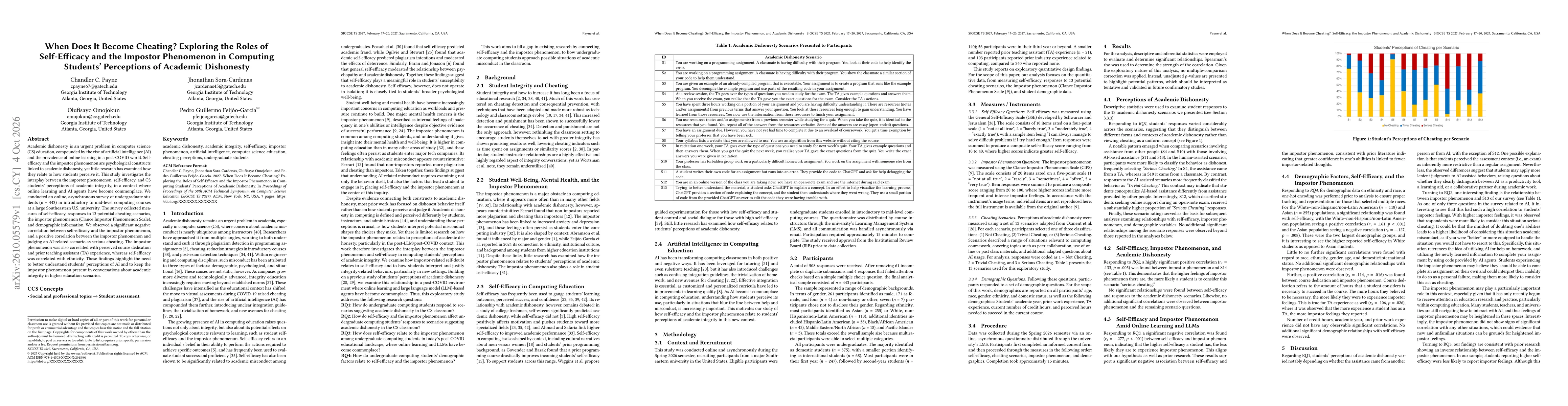 Thumbnail for When Does It Become Cheating? Exploring the Roles of Self-Efficacy and the Impostor Phenomenon in Computing Students' Perceptions of Academic Dishonesty