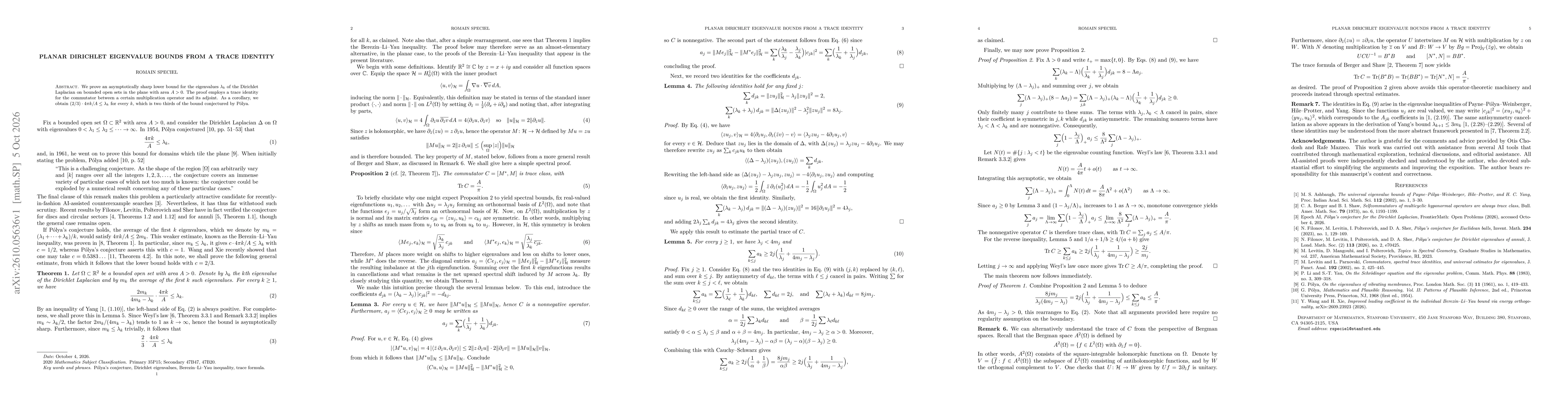 Thumbnail for Planar Dirichlet eigenvalue bounds from a trace identity