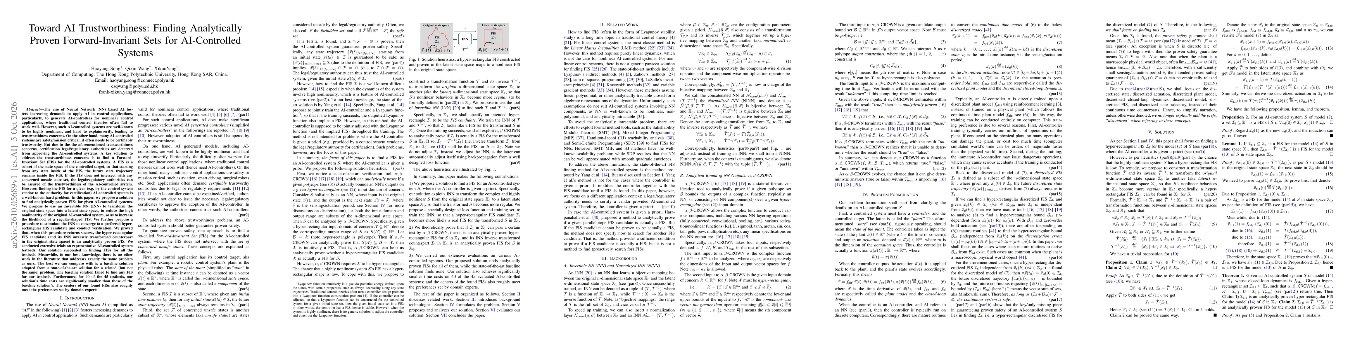 Thumbnail for Toward AI Trustworthiness: Finding Analytically Proven Forward-Invariant Sets for AI-Controlled Systems