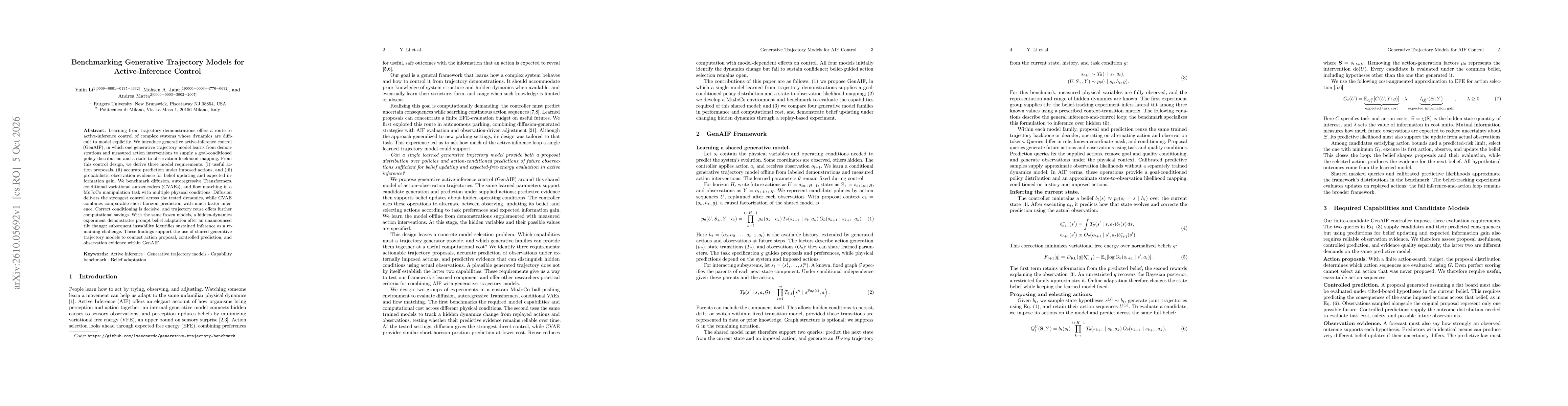 Thumbnail for Benchmarking Generative Trajectory Models for Active-Inference Control