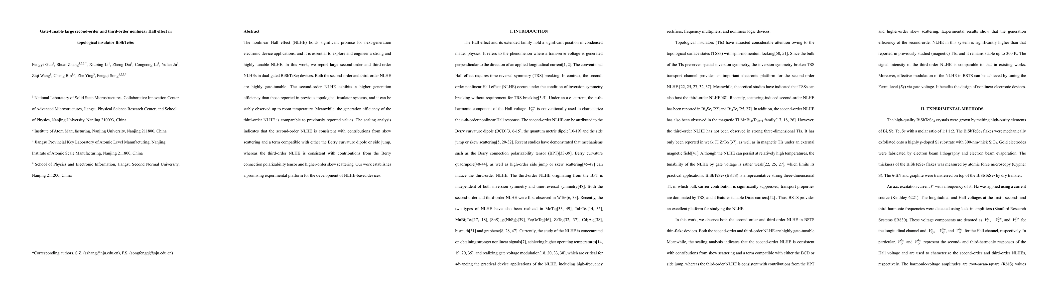 Thumbnail for Gate-tunable large second-order and third-order nonlinear Hall effect in topological insulator BiSbTeSe2