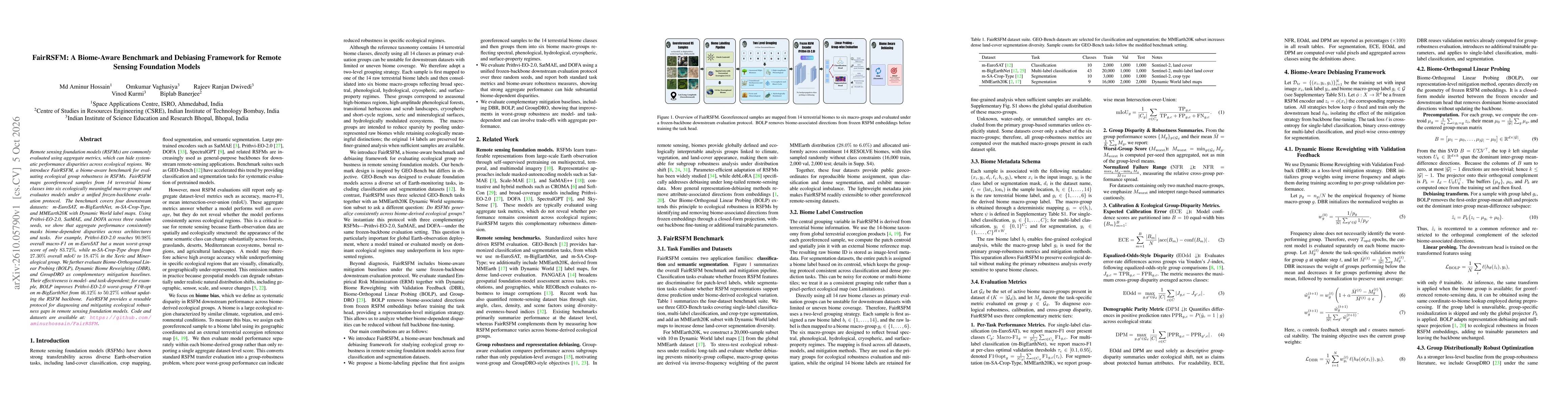 Thumbnail for FairRSFM: A Biome-Aware Benchmark and Debiasing Framework for Remote Sensing Foundation Models