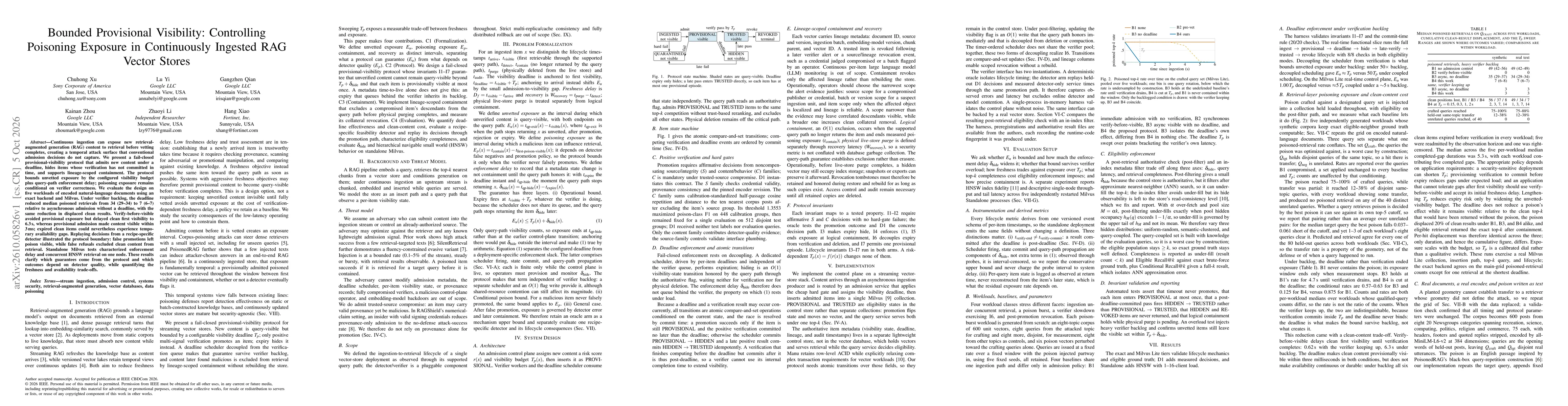 Thumbnail for Bounded Provisional Visibility: Controlling Poisoning Exposure in Continuously Ingested RAG Vector Stores