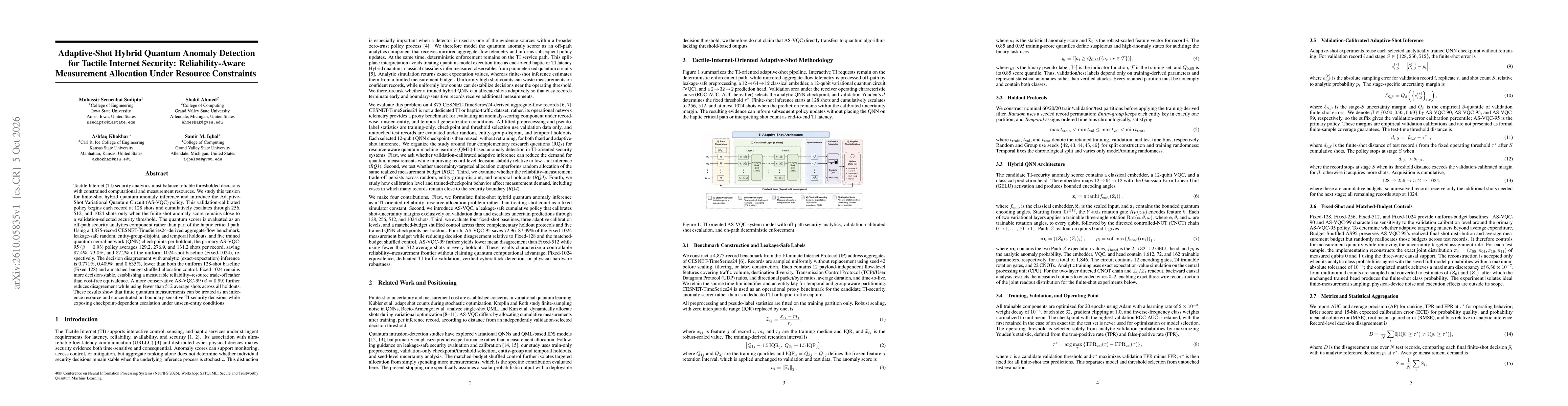 Thumbnail for Adaptive-Shot Hybrid Quantum Anomaly Detection for Tactile Internet Security: Reliability-Aware Measurement Allocation Under Resource Constraints