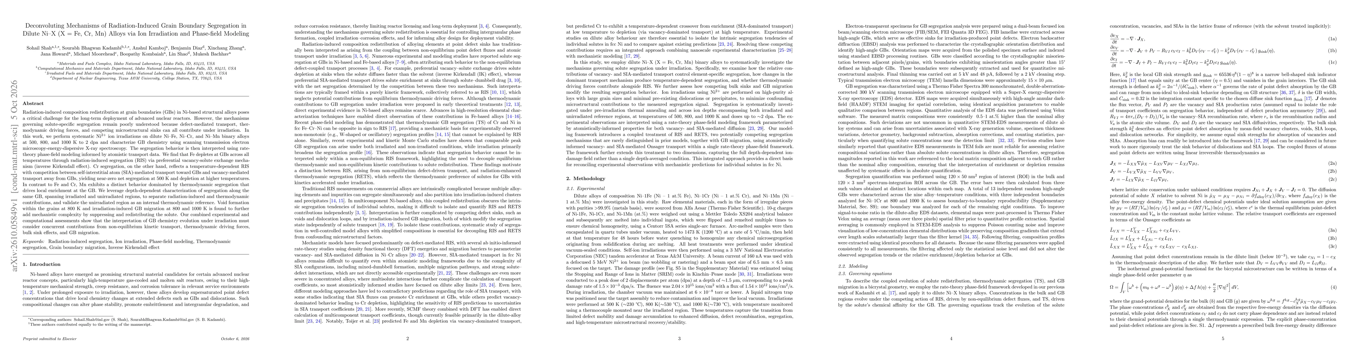 Thumbnail for Deconvoluting Mechanisms of Radiation-Induced Grain Boundary Segregation in Dilute Ni-X (X = Fe, Cr, Mn) Alloys via Ion Irradiation and Phase-field Modeling