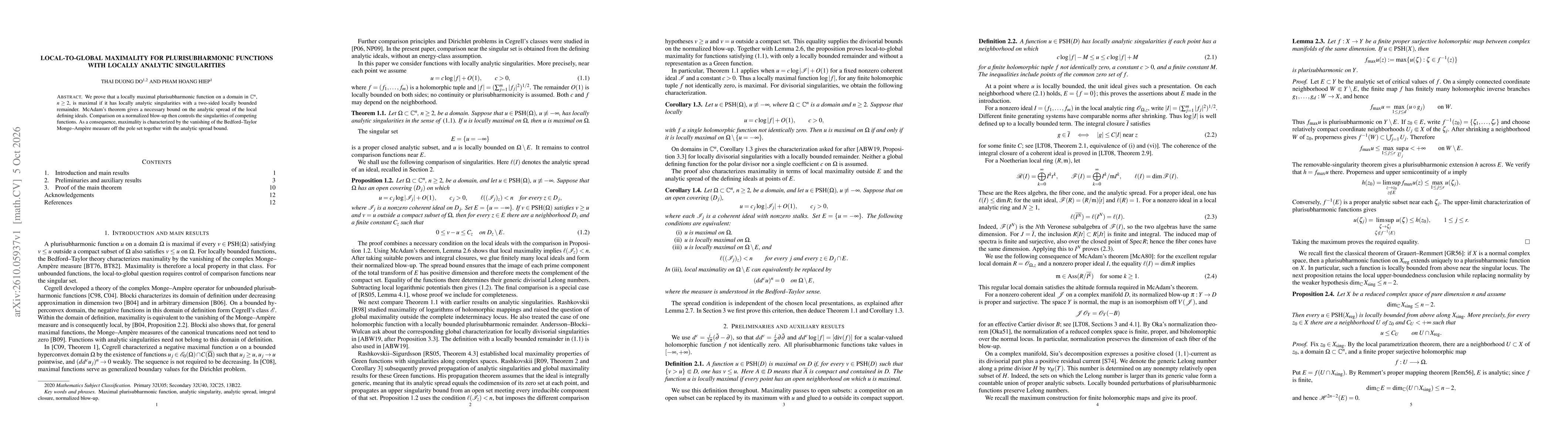 Thumbnail for Local-to-global maximality for plurisubharmonic functions with locally analytic singularities