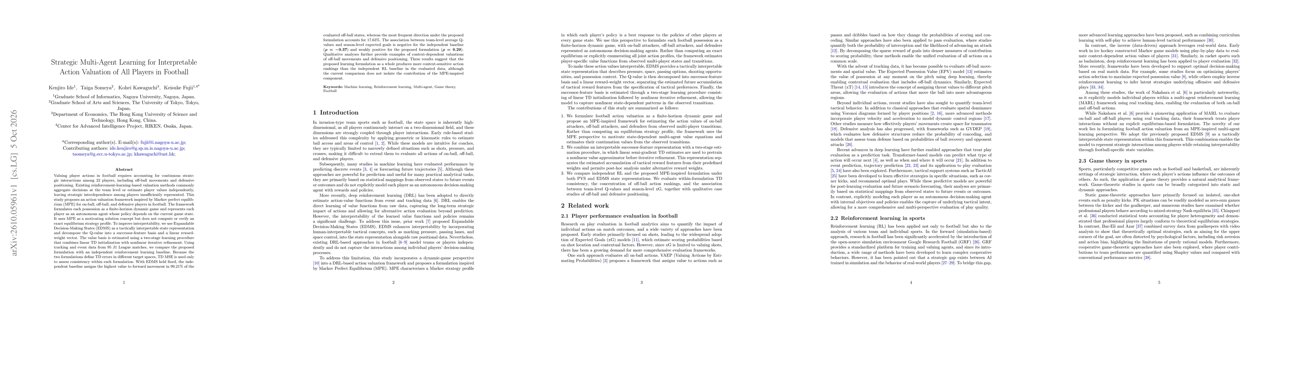 Thumbnail for Strategic Multi-Agent Learning for Interpretable Action Valuation of All Players in Football