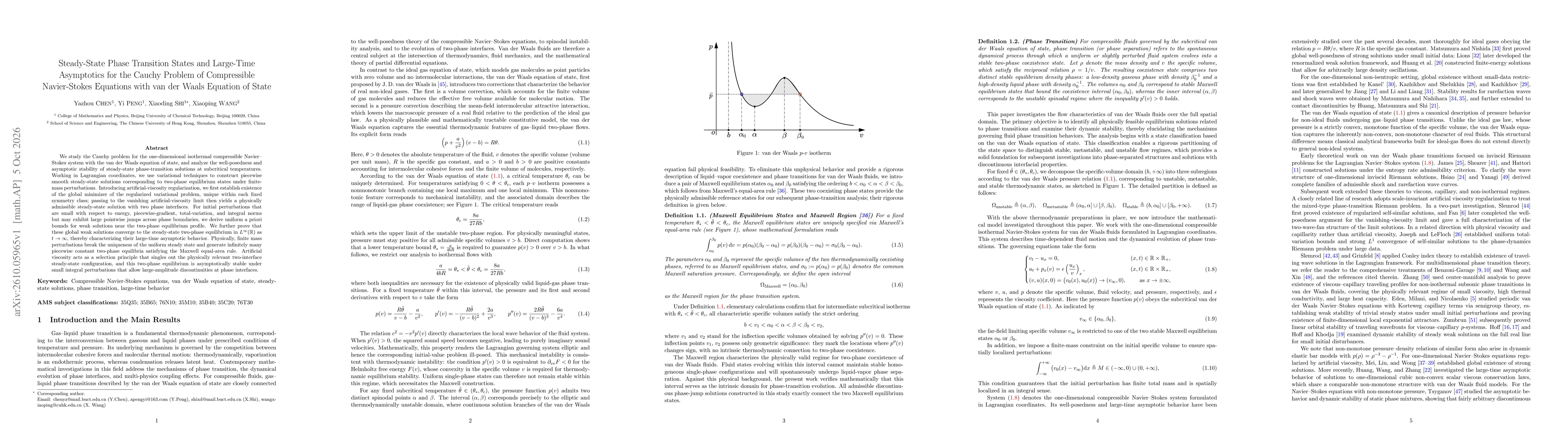 Thumbnail for Steady-State Phase Transition States and Large-Time Asymptotics for the Cauchy Problem of Compressible Navier-Stokes Equations with van der Waals Equation of State