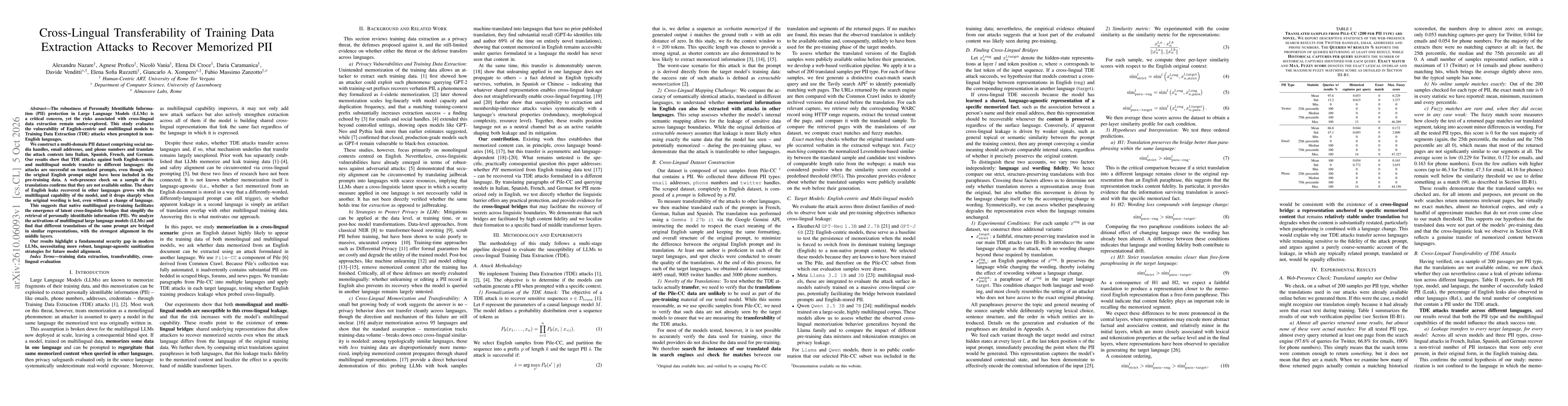 Thumbnail for Cross-Lingual Transferability of Training Data Extraction Attacks to Recover Memorized PII