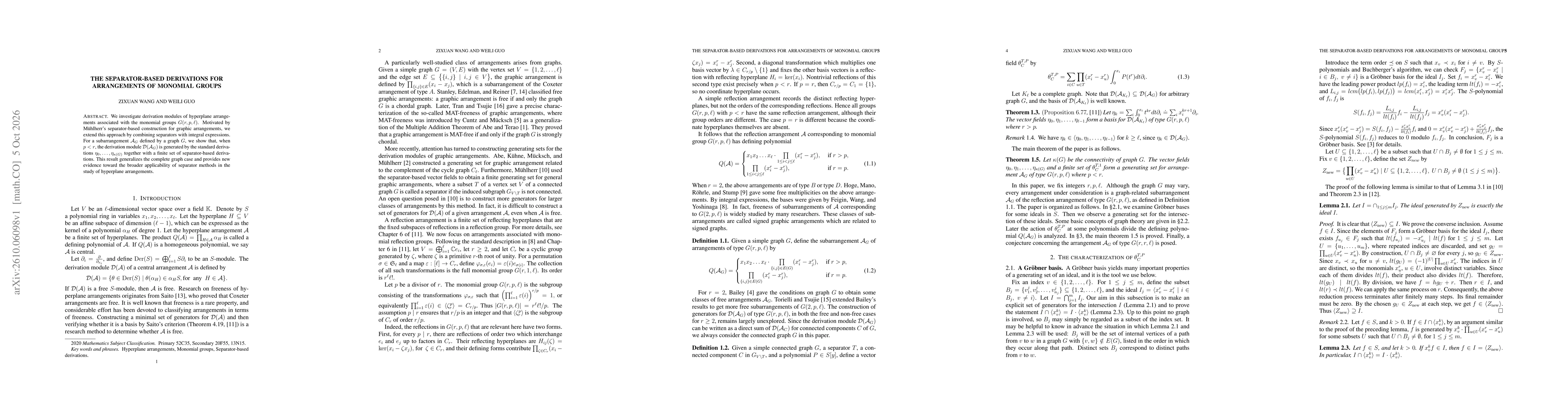 Thumbnail for The separator-based derivations for arrangements of monomial groups