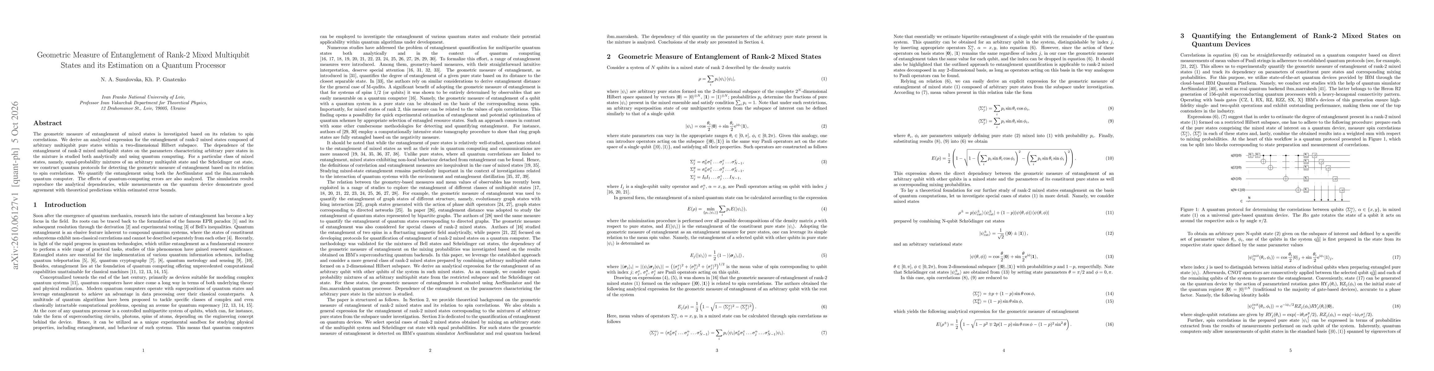 Thumbnail for Geometric Measure of Entanglement of Rank-2 Mixed Multiqubit States and its Estimation on a Quantum Processor