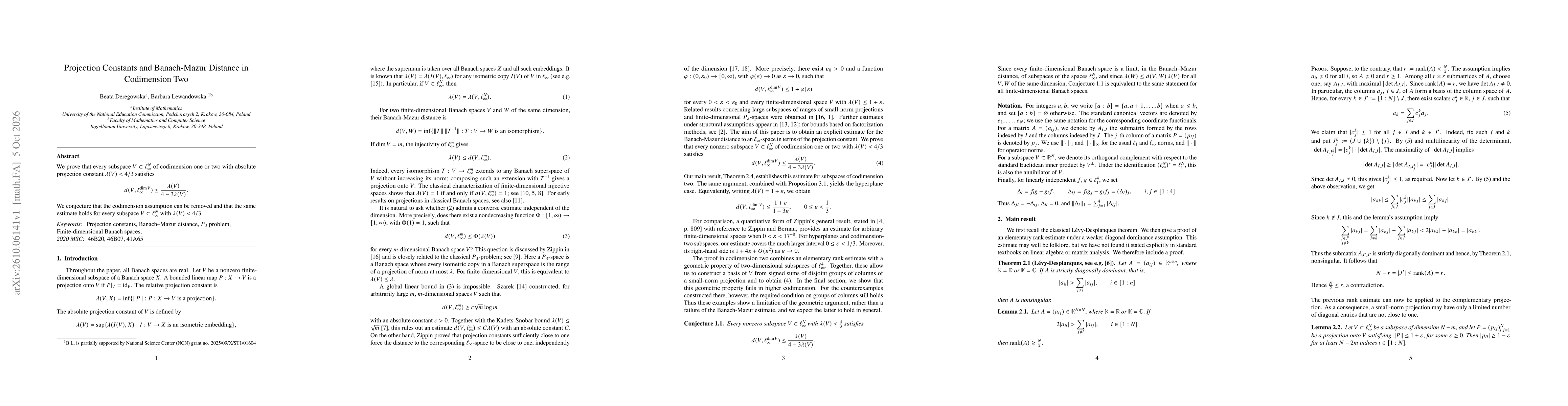 Thumbnail for Projection Constants and Banach-Mazur Distance in Codimension Two