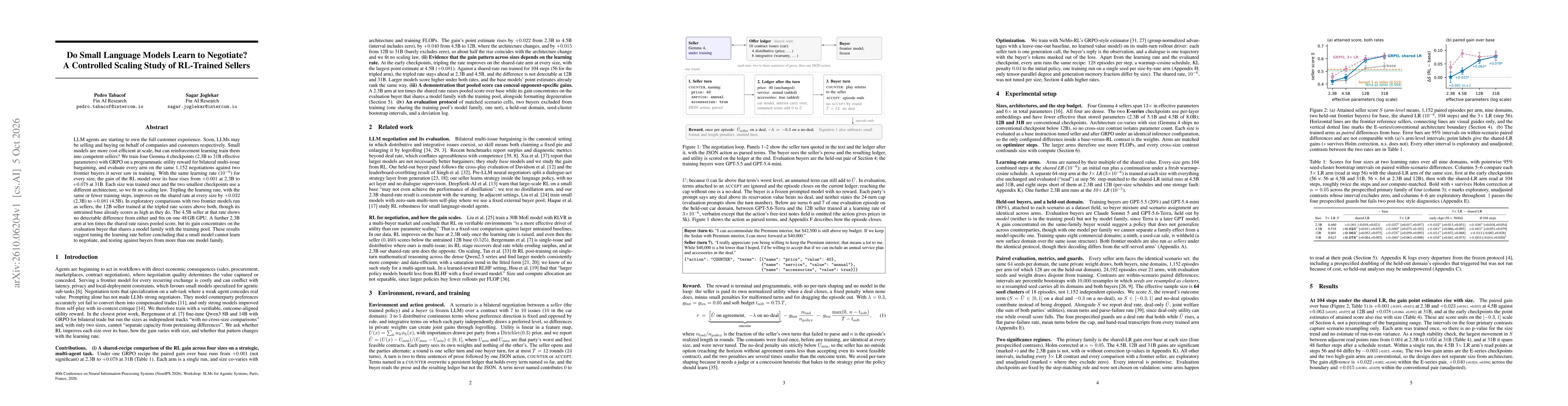Thumbnail for Do Small Language Models Learn to Negotiate? A Controlled Scaling Study of RL-Trained Sellers