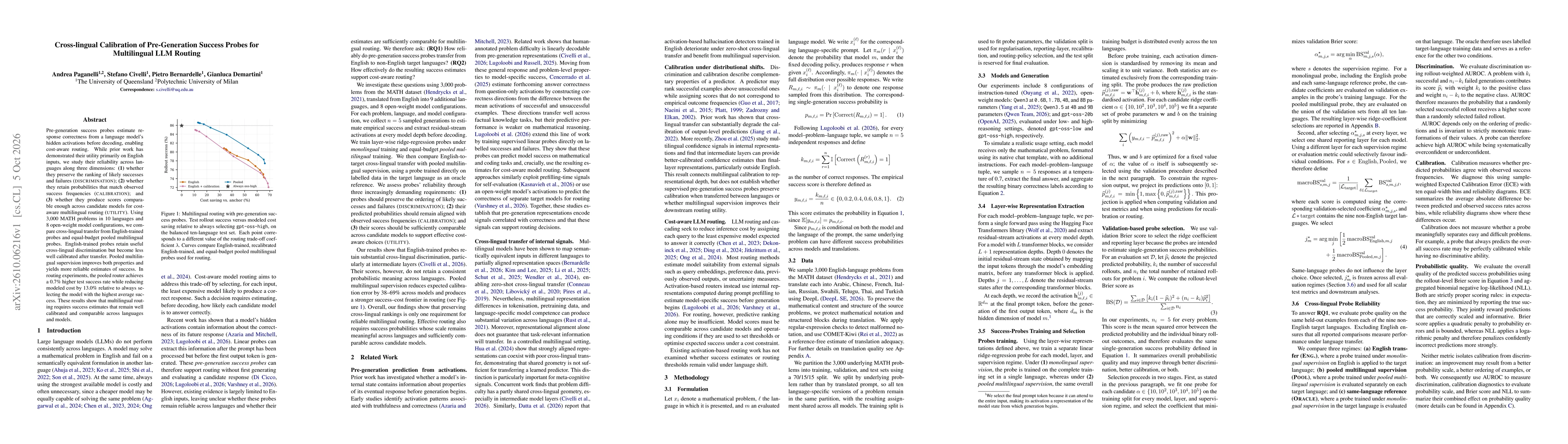 Thumbnail for Cross-lingual Calibration of Pre-Generation Success Probes for Multilingual LLM Routing