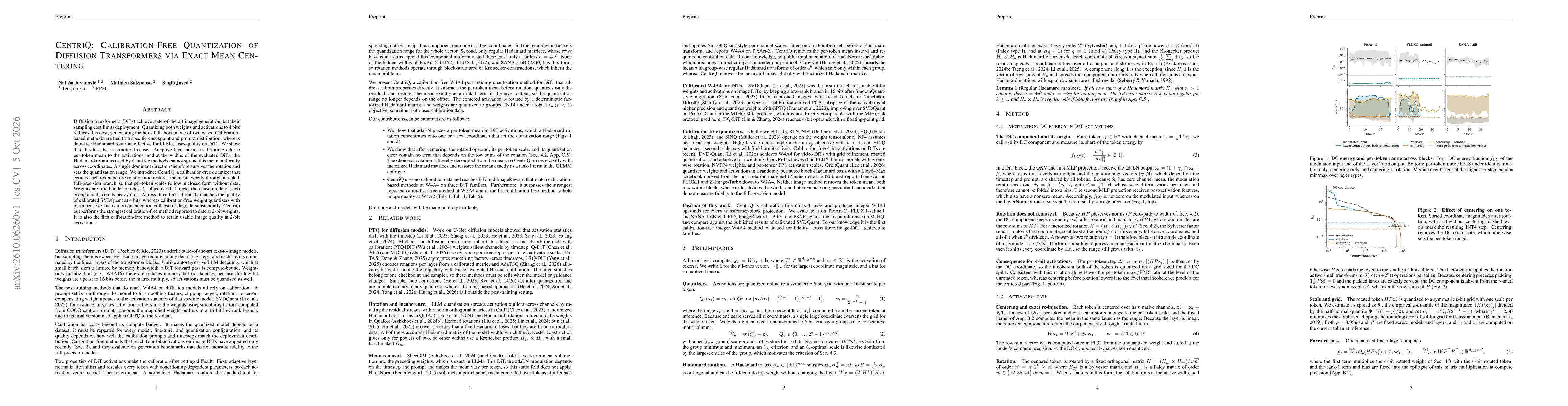 Thumbnail for CentriQ: Calibration-Free Quantization of Diffusion Transformers via Exact Mean Centering