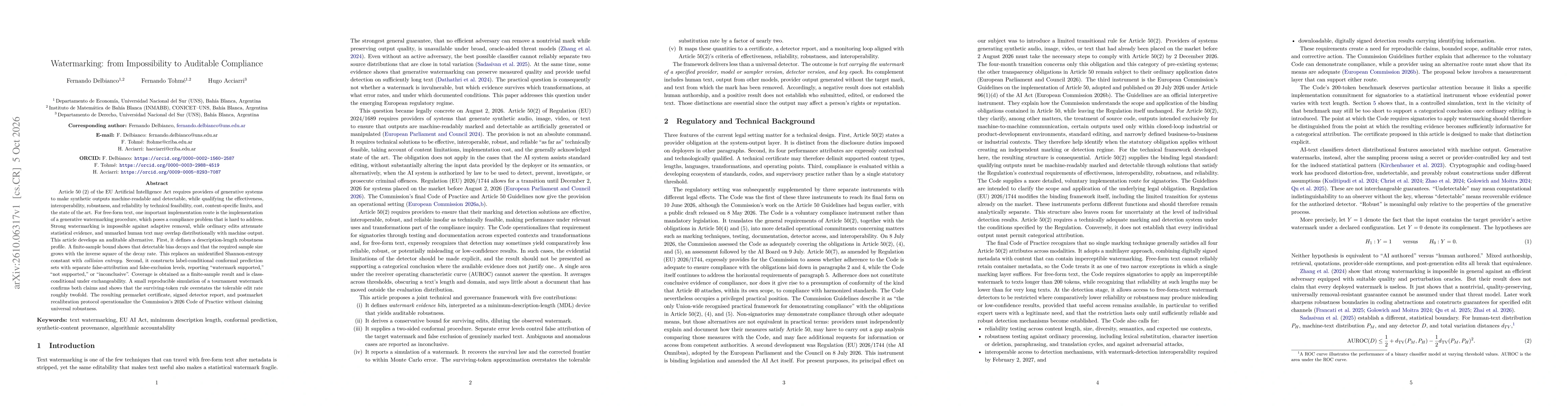 Thumbnail for Watermarking: from Impossibility to Auditable Compliance