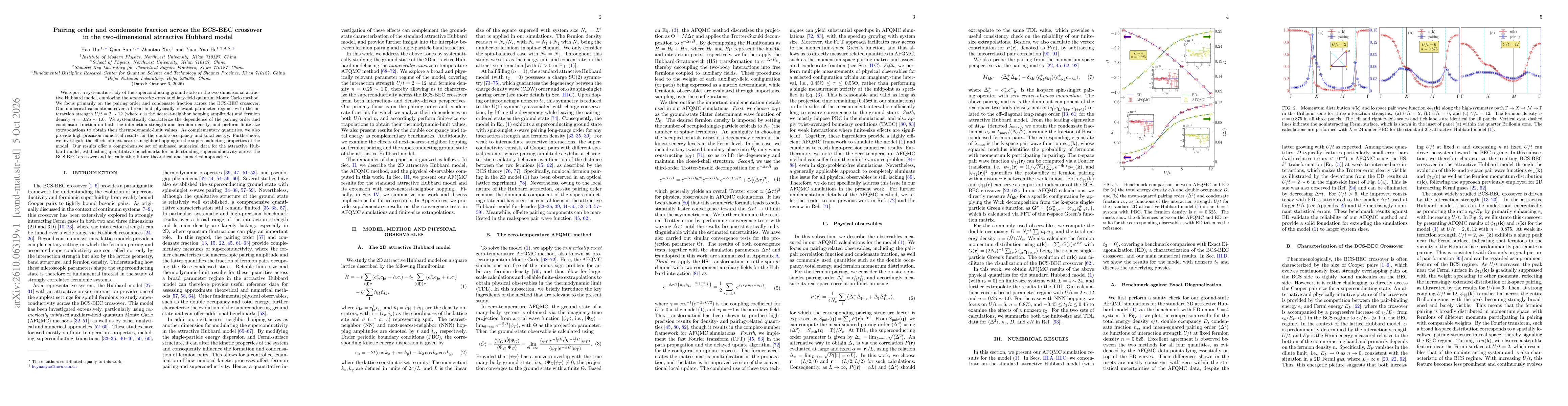 Thumbnail for Pairing order and condensate fraction across the BCS-BEC crossover in the two-dimensional attractive Hubbard model