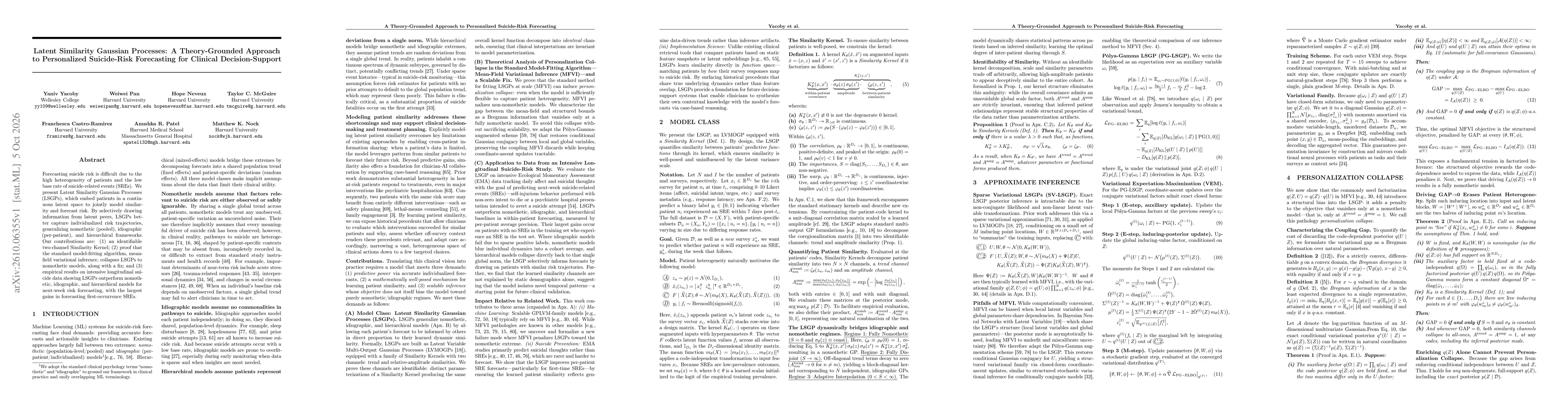 Thumbnail for Latent Similarity Gaussian Processes: A Theory-Grounded Approach to Personalized Suicide-Risk Forecasting for Clinical Decision-Support