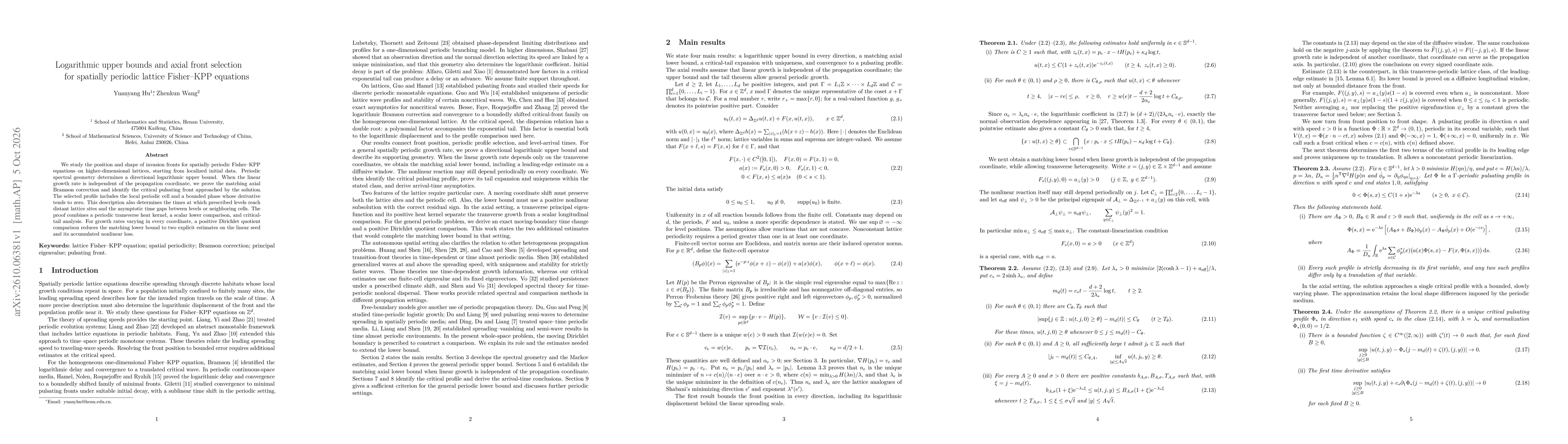 Thumbnail for Logarithmic upper bounds and axial front selection for spatially periodic lattice Fisher--KPP equations
