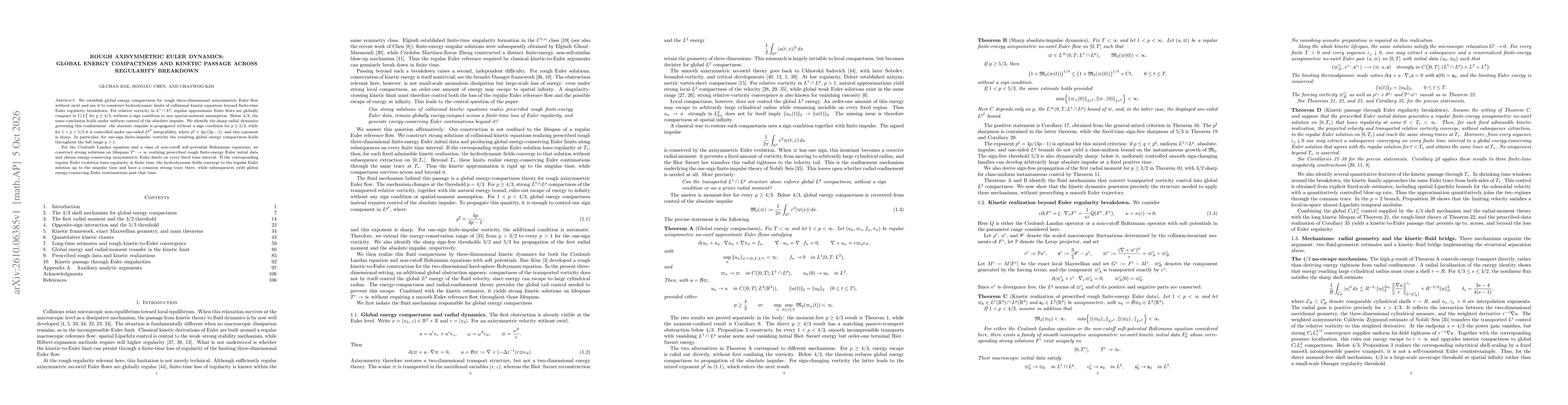 Thumbnail for Rough Axisymmetric Euler Dynamics: Global Energy Compactness and Kinetic Passage Across Regularity Breakdown