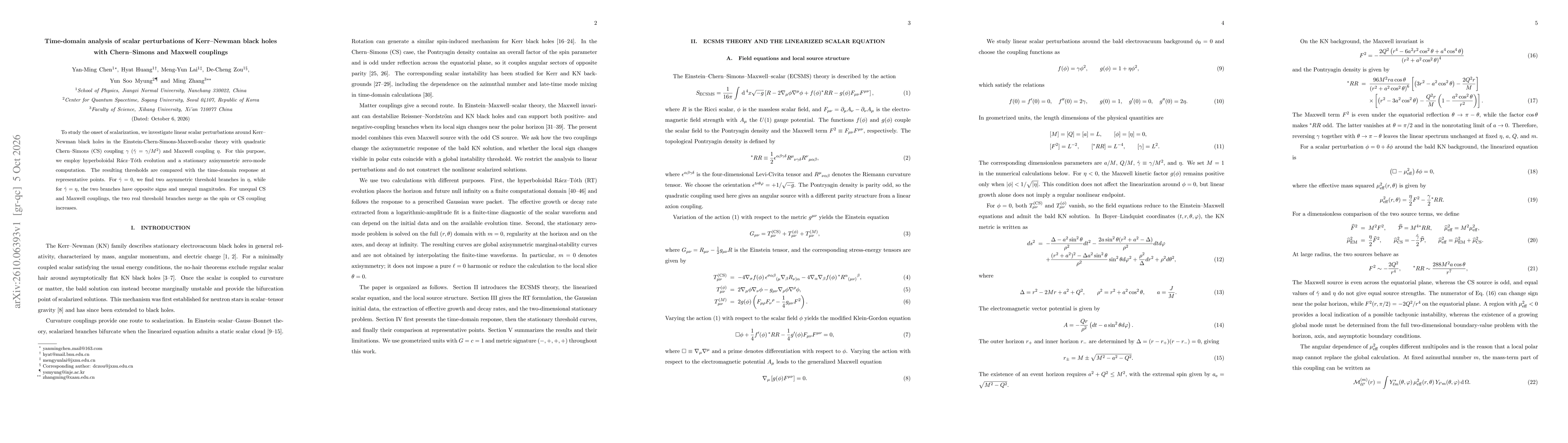 Thumbnail for Time-domain analysis of scalar perturbations of Kerr--Newman black holes with Chern--Simons and Maxwell couplings