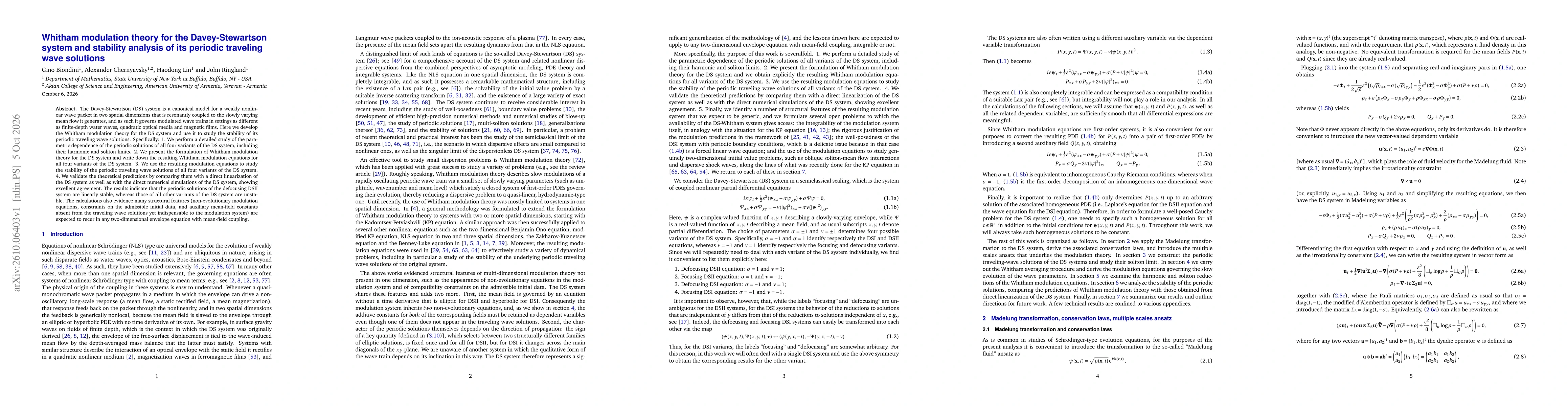 Thumbnail for Whitham modulation theory for the Davey-Stewartson system and stability analysis of its periodic traveling wave solutions