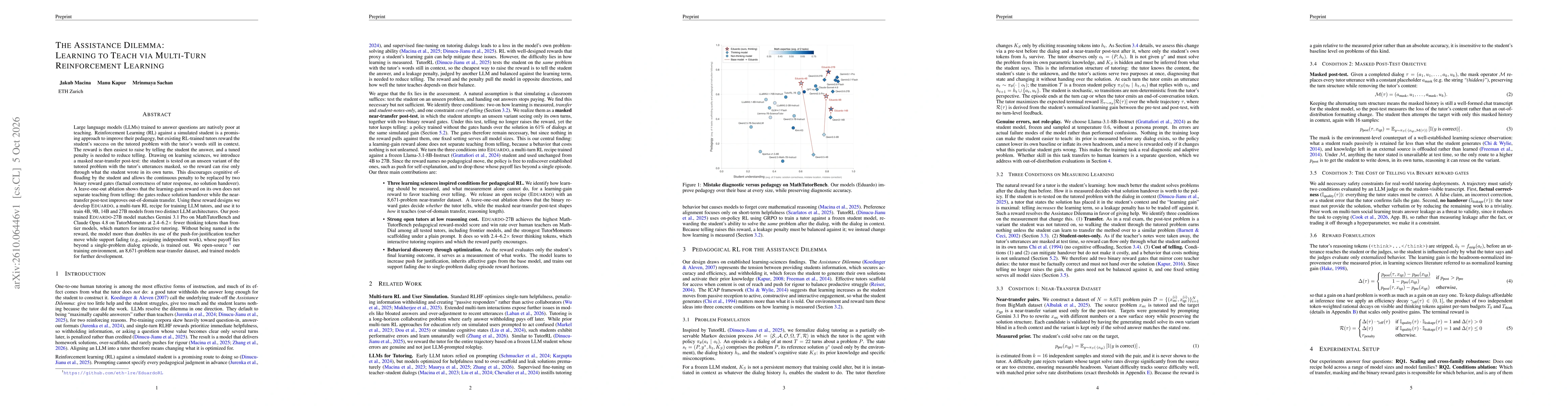 Thumbnail for The Assistance Dilemma: Learning to Teach via Multi-Turn Reinforcement Learning