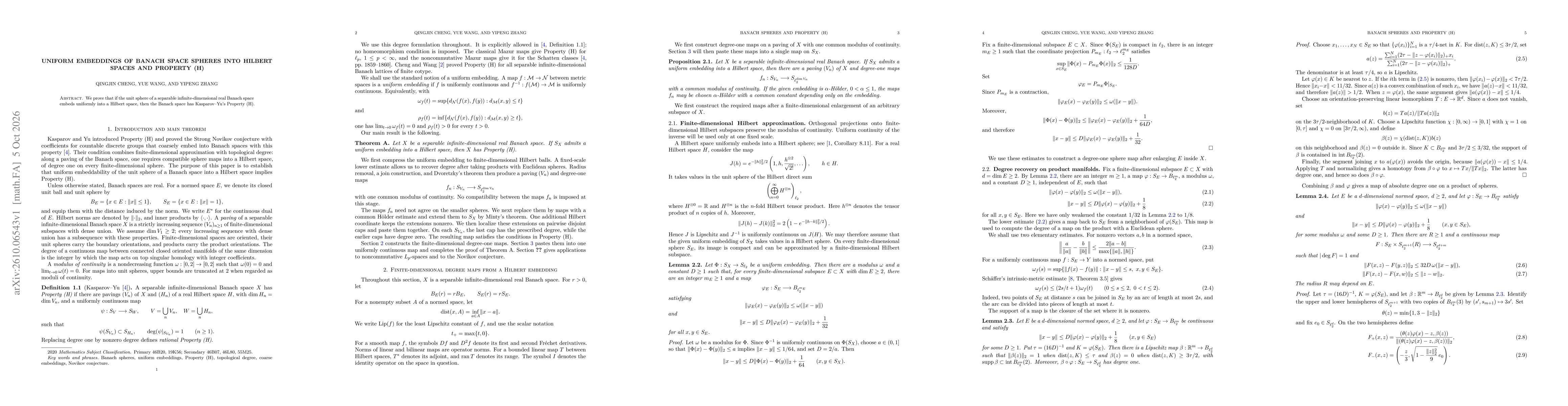 Thumbnail for Uniform Embeddings of Banach Space Spheres into Hilbert Spaces and Property (H)