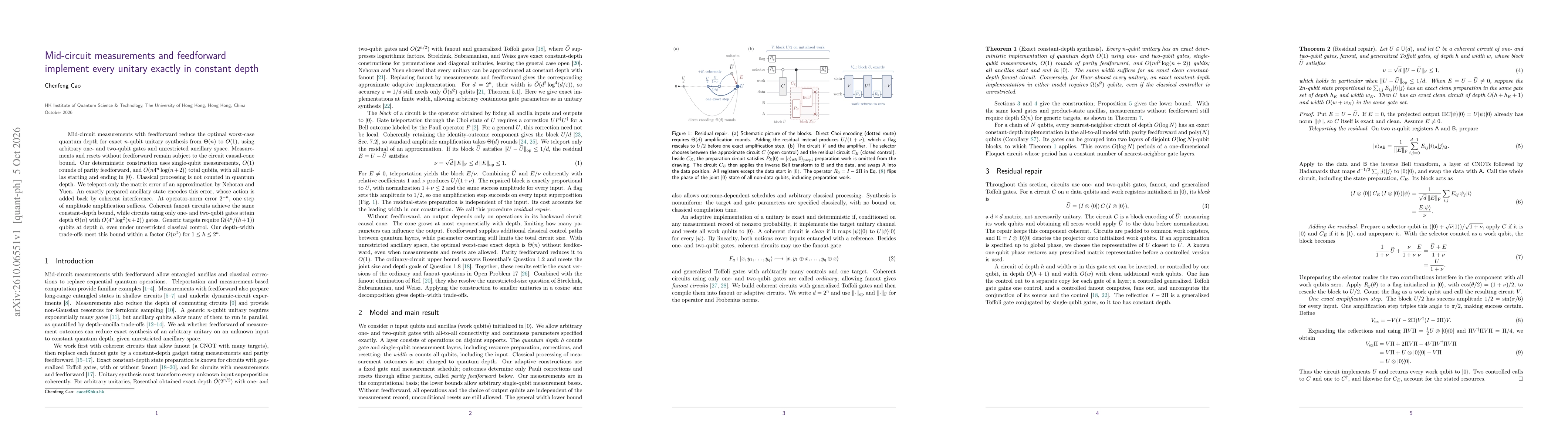 Thumbnail for Mid-circuit measurements and feedforward implement every unitary exactly in constant depth