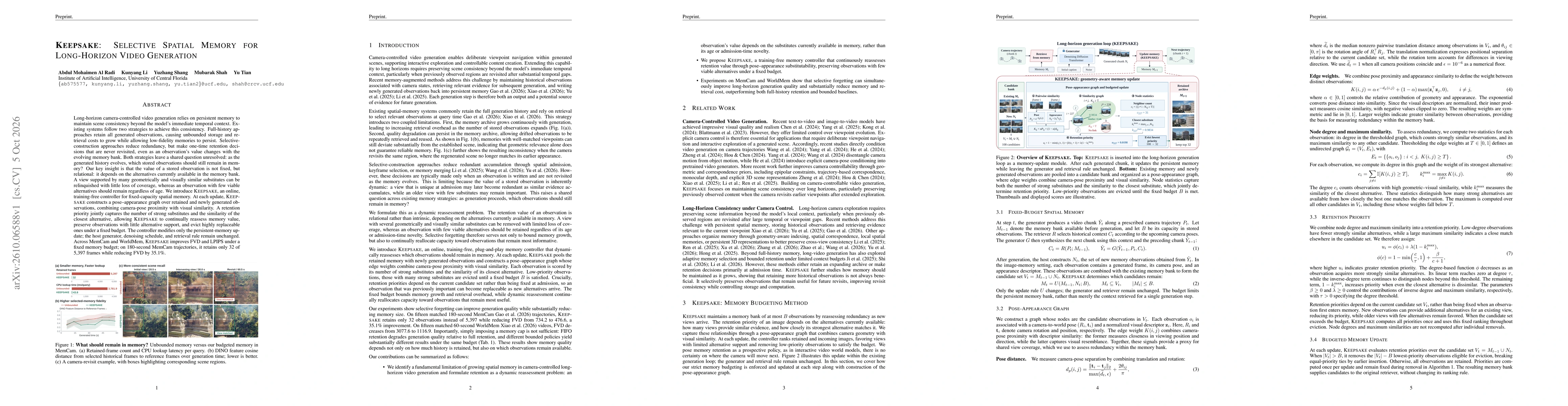 Thumbnail for Keepsake: Selective Spatial Memory for Long-Horizon Video Generation