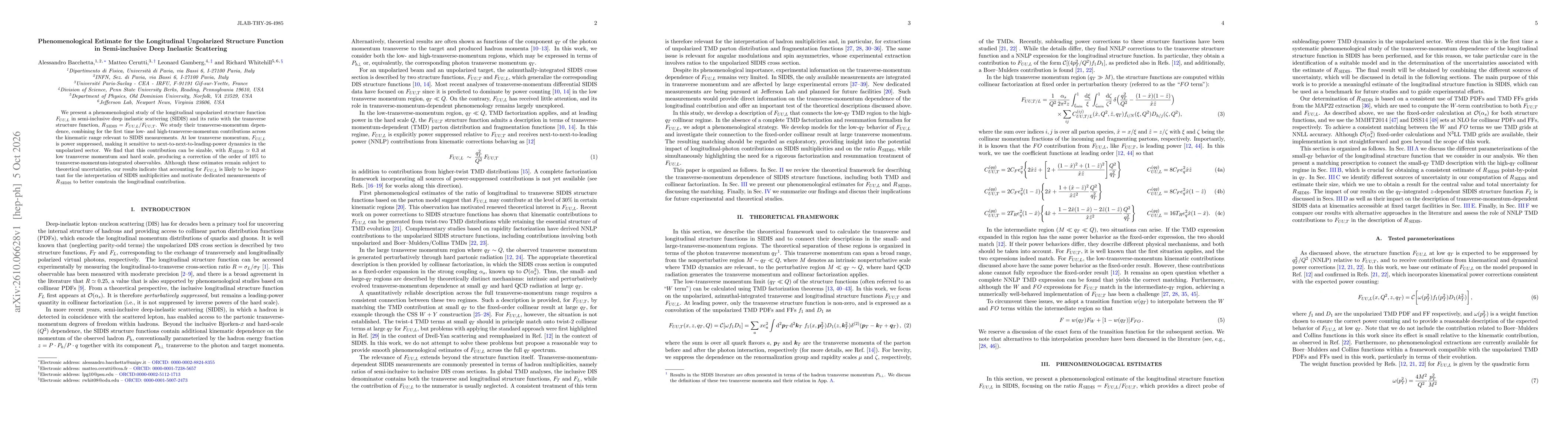 Thumbnail for Phenomenological Estimate for the Longitudinal Unpolarized Structure Function in Semi-inclusive Deep Inelastic Scattering