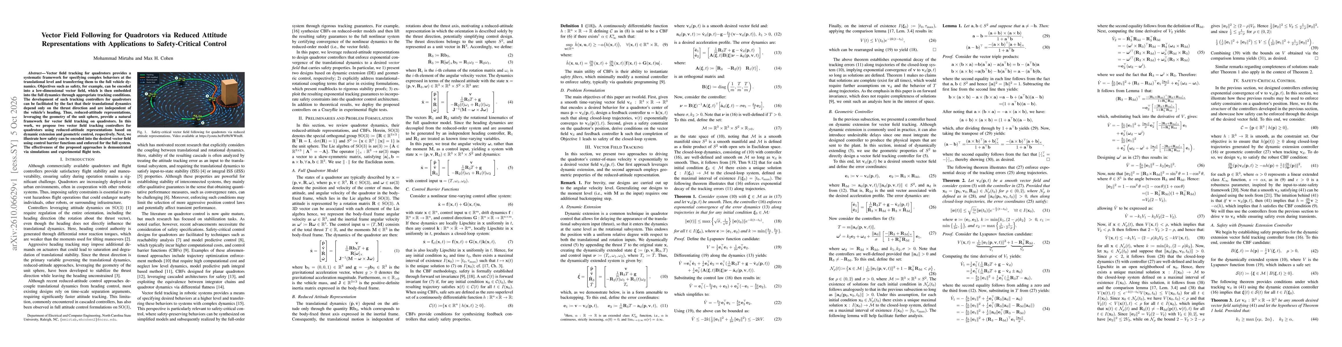 Thumbnail for Vector Field Following for Quadrotors via Reduced Attitude Representations with Applications to Safety-Critical Control
