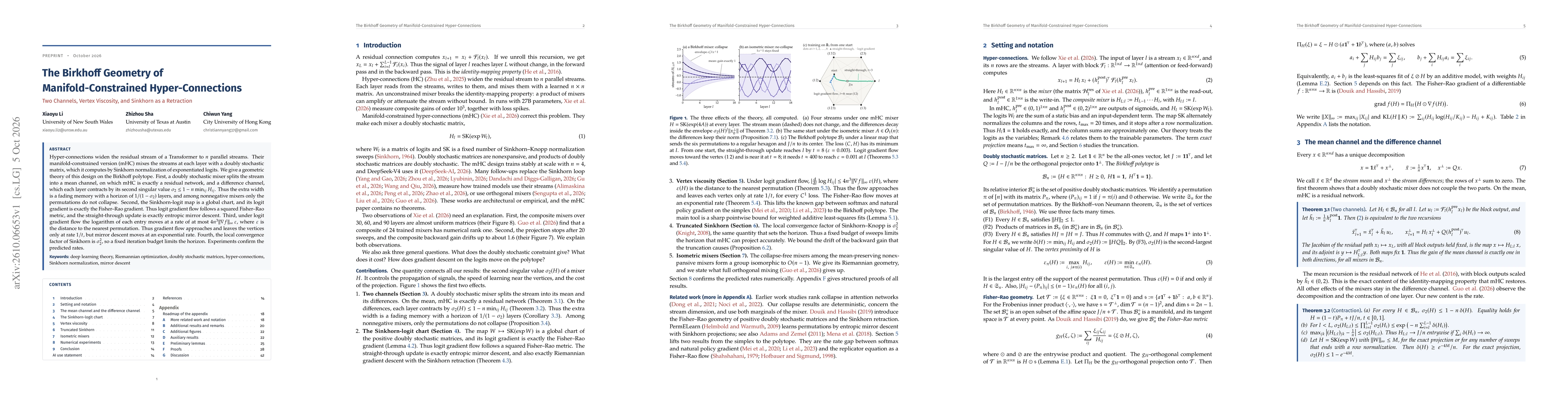 Thumbnail for The Birkhoff Geometry of Manifold-Constrained Hyper-Connections: Two Channels, Vertex Viscosity, and Sinkhorn as a Retraction