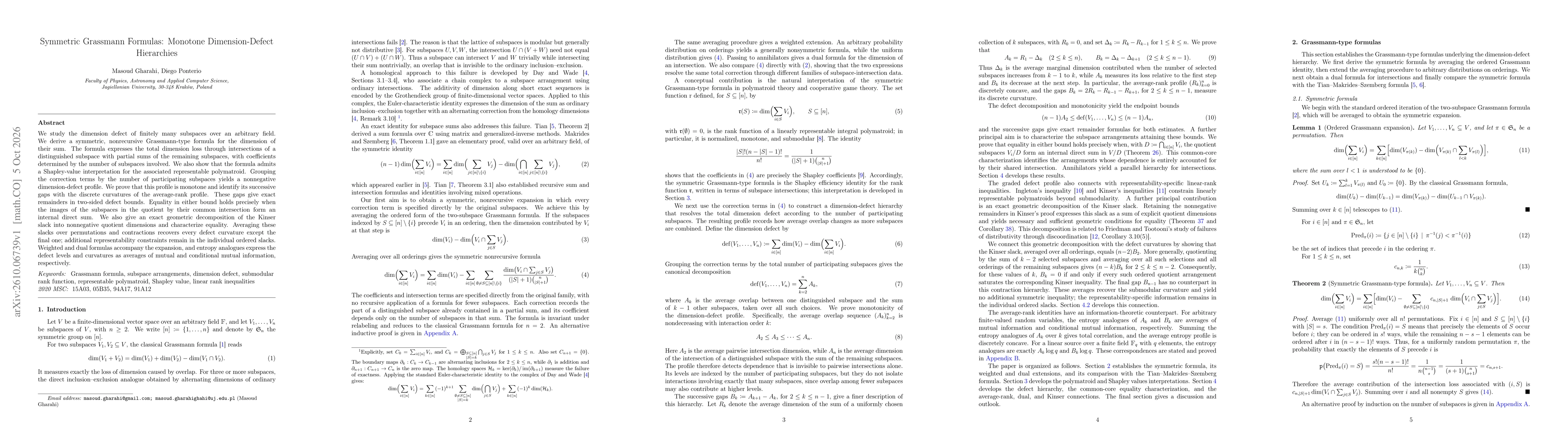 Thumbnail for Symmetric Grassmann Formulas: Monotone Dimension-Defect Hierarchies