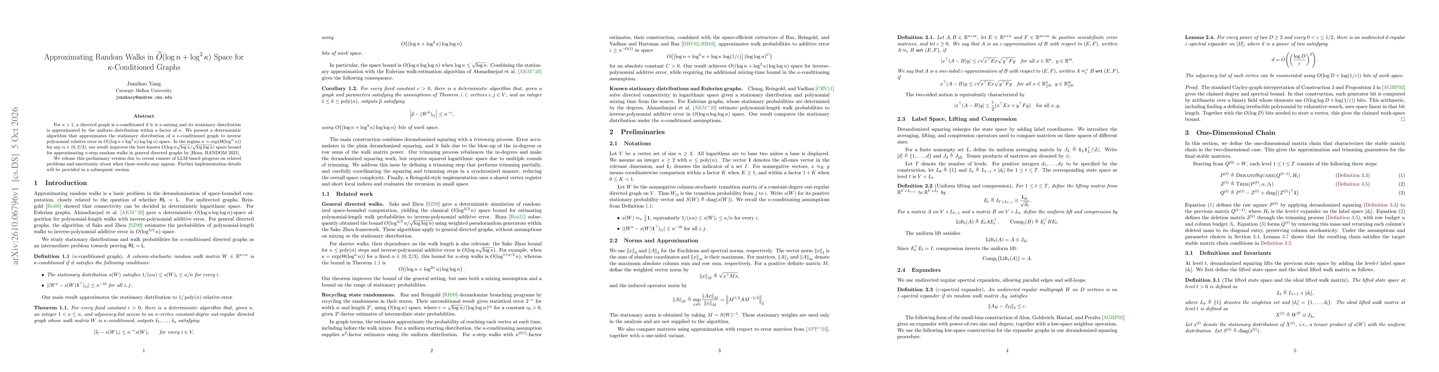 Thumbnail for Approximating Random Walks in $\widetilde{O}(\log n + \log^2 κ)$ Space for $κ$-Conditioned Graphs