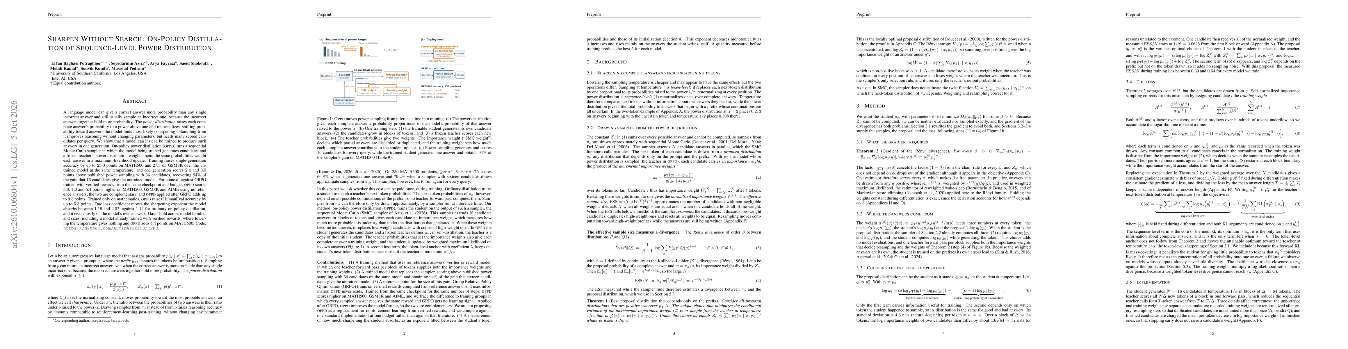 Thumbnail for Sharpen Without Search: On-Policy Distillation of Sequence-Level Power Distribution